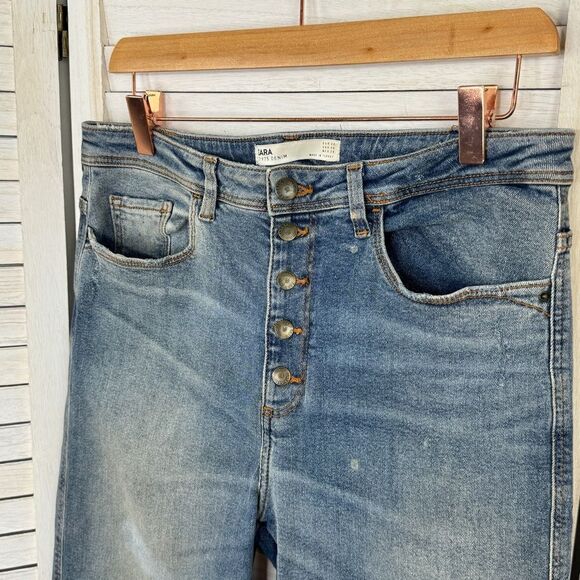 Zara Distressed High Rise Button Fly Crop Jeans Size 6 Blue - Picture 3 of 13